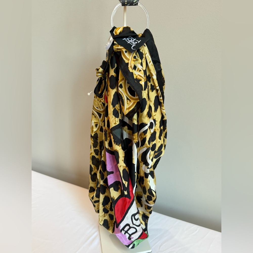 Ed Hardy Yellow Black Leopard Print Scarf with Pink and Red Accents